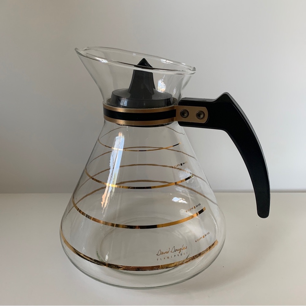 David Douglas Flameproof Glass 8 Cup Gold & Black Carafe Pitcher w/ Lid VINTAGE